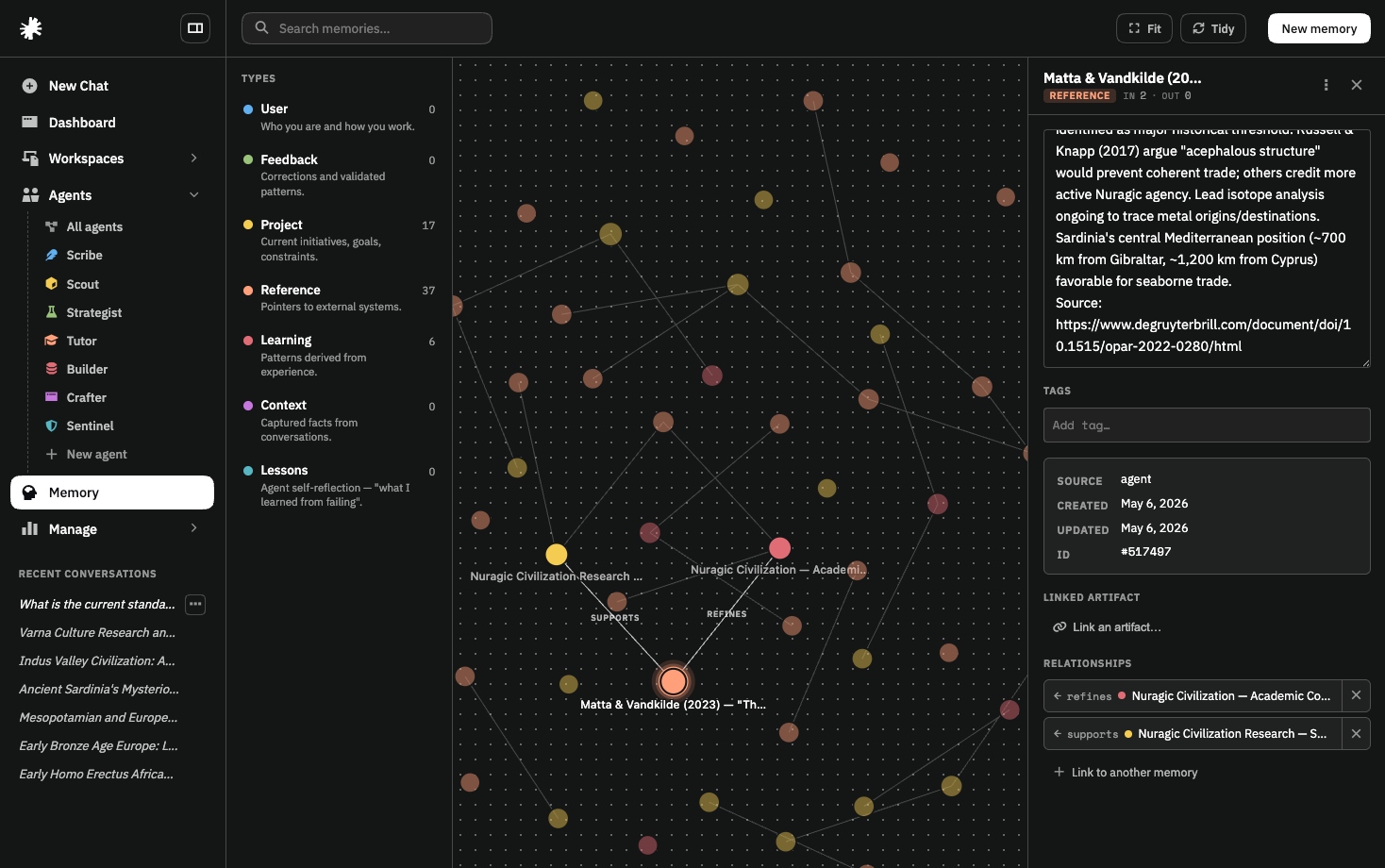 The Arbiter memory view — a force-directed graph of memory entries with a type filter sidebar and a detail panel.
