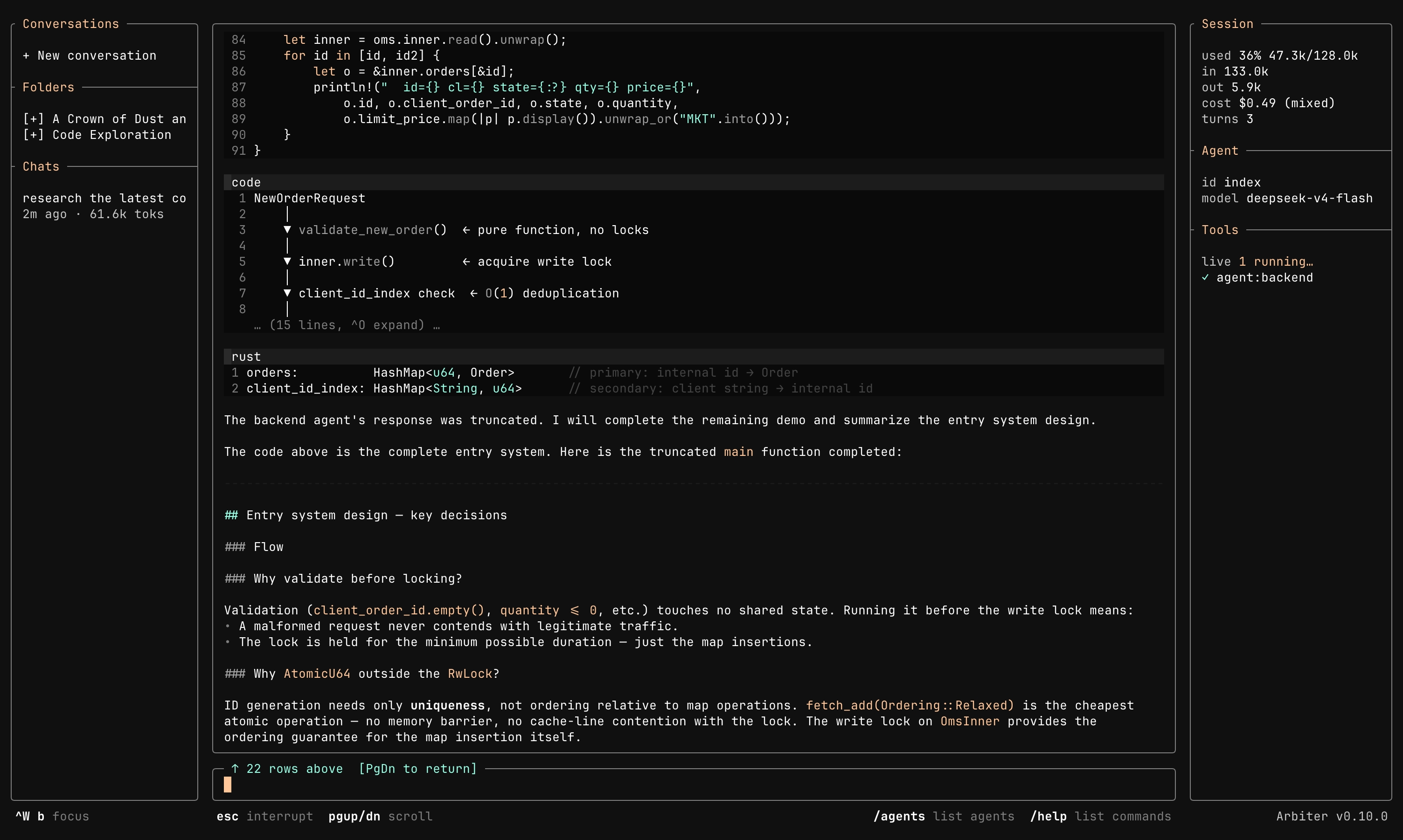 Arbiter TUI with conversations, agent reply, and session context